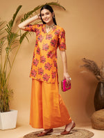 Women Mustard Emb Floral Short Kurta With Flared Palazzos