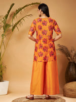 Women Mustard Emb Floral Short Kurta With Flared Palazzos