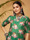 Women Green Emb Floral Short Kurta With Flared Palazzos