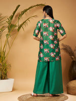 Women Green Emb Floral Short Kurta With Flared Palazzos