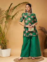 Women Green Emb Floral Short Kurta With Flared Palazzos