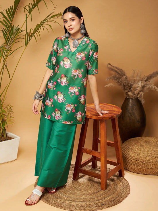 Women Green Emb Floral Short Kurta With Flared Palazzos