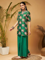 Women Green Emb Floral Short Kurta With Flared Palazzos