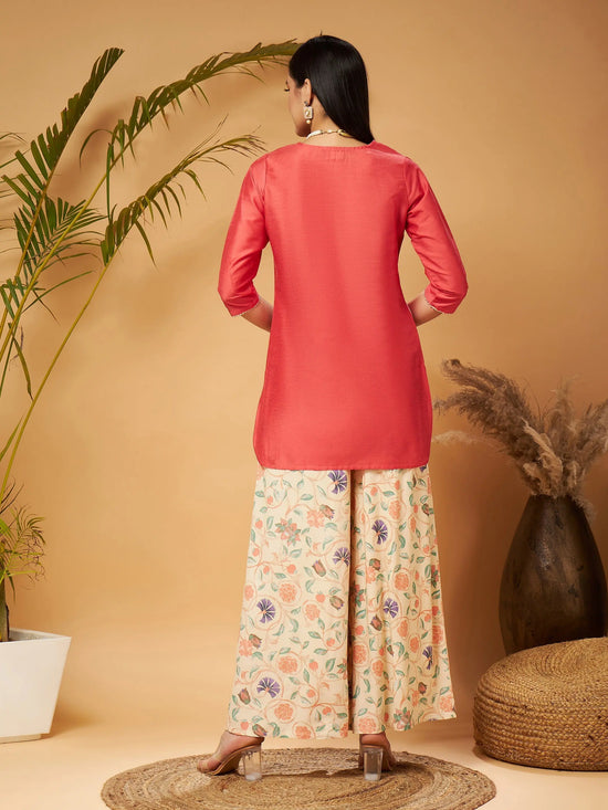 Women Pink Short Kurta With Beige Printed Flared Palazzos