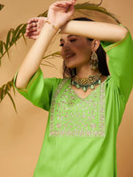 Women Green Gota Embroidered Kurta With Pants