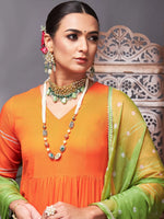 Women Orange Tiered Kurta Set With Green Bandhej Dupatta