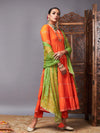 Women Orange Tiered Kurta Set With Green Bandhej Dupatta