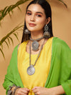 Women Yellow & Green Anarkali Kurta Set With Green Dupatta