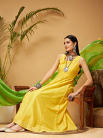 Women Yellow & Green Anarkali Kurta Set With Green Dupatta