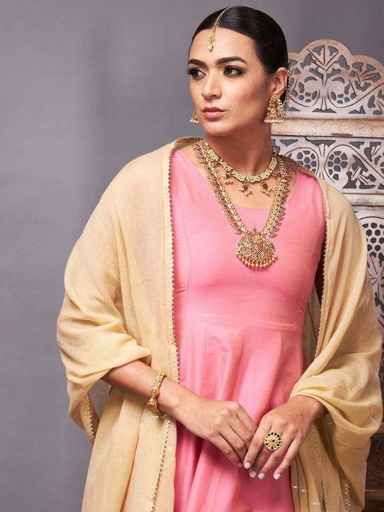 Women Pink & Beige Anarkali Kurta Set With Beige Dupatta