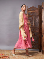 Women Pink & Beige Anarkali Kurta Set With Beige Dupatta