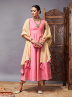 Women Pink & Beige Anarkali Kurta Set With Beige Dupatta