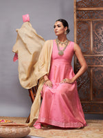 Women Pink & Beige Anarkali Kurta Set With Beige Dupatta