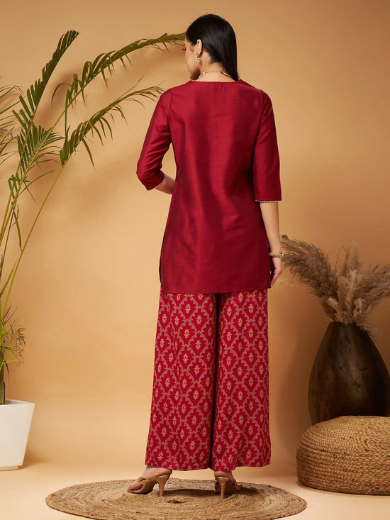 Women Maroon Short Kurta With Printed Flared Palazzos