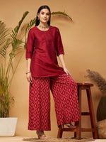 Women Maroon Short Kurta With Printed Flared Palazzos