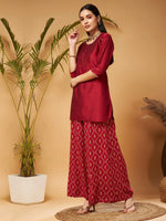 Women Maroon Short Kurta With Printed Flared Palazzos