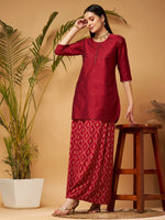 Women Maroon Short Kurta With Printed Flared Palazzos