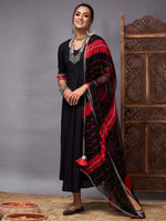 Women Black Kurta Set With Red Lehariya Dupatta