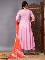 Women Pink Kurta Set With Orange Lehariya Dupatta