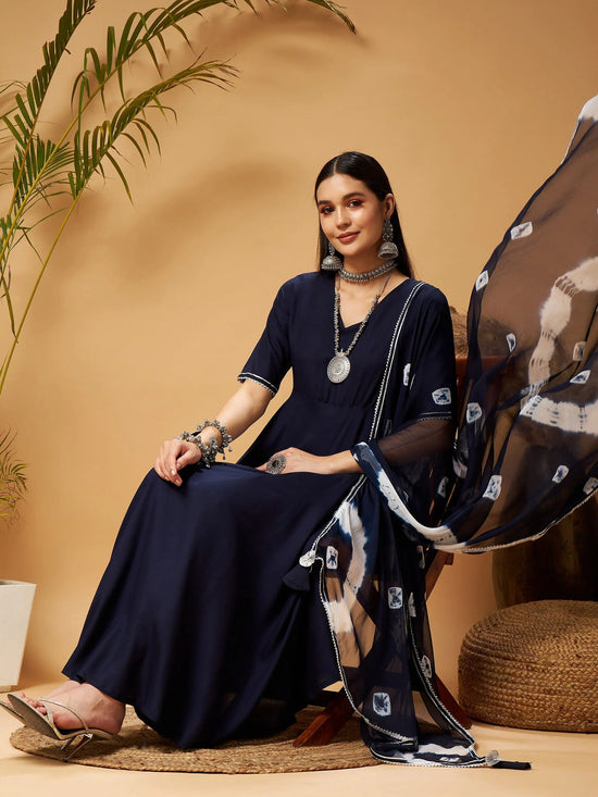 Women Navy Kurta Set With Bandhej Dupatta