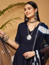 Women Navy Kurta Set With Bandhej Dupatta