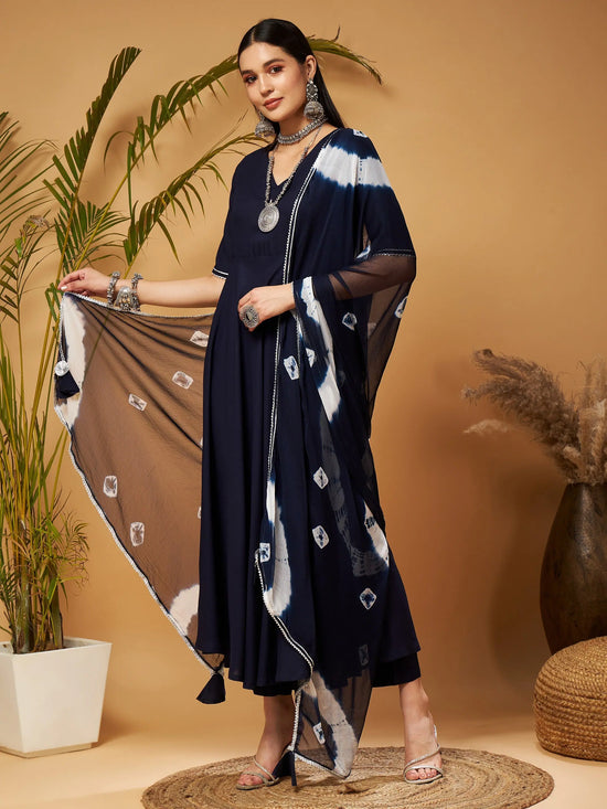 Women Navy Kurta Set With Bandhej Dupatta