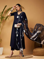 Women Navy Kurta Set With Bandhej Dupatta