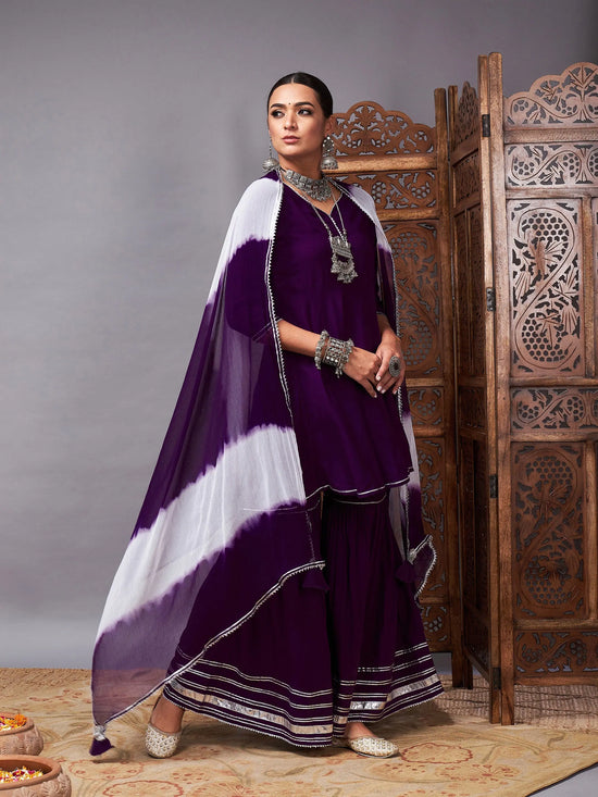 Women Purple Short Kurta With Sharara & Lehariya Dupatta