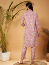 Women White Floral Neck Band Kurta With Pants