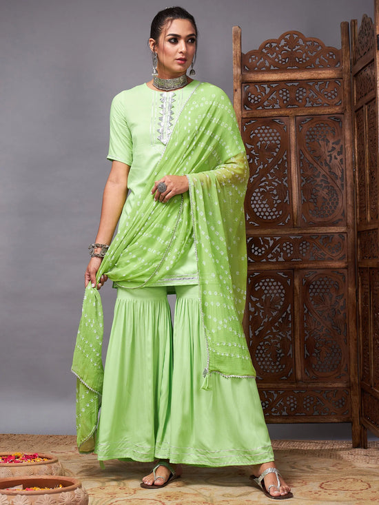 Women Green Short Kurta With Sharara & Bandhej Dupatta