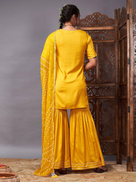 Women Mustard Short Kurta With Sharara & Bandhej Dupatta