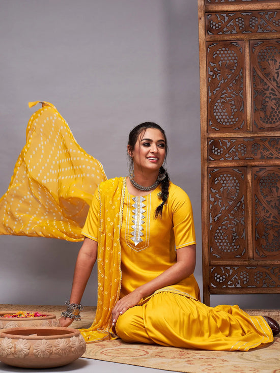 Women Mustard Short Kurta With Sharara & Bandhej Dupatta