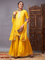 Women Mustard Short Kurta With Sharara & Bandhej Dupatta