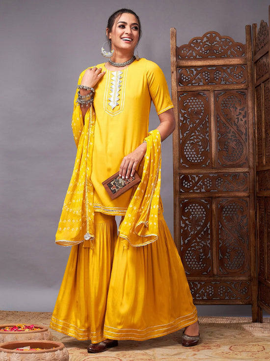 Women Mustard Short Kurta With Sharara & Bandhej Dupatta