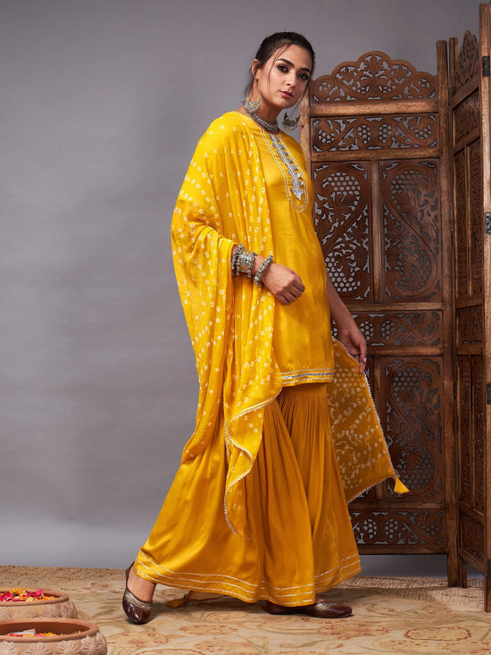 Women Mustard Short Kurta With Sharara & Bandhej Dupatta