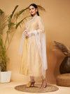 Women Gold Kurta Set With White Net Sequins Dupatta