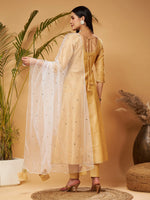 Women Gold Kurta Set With White Net Sequins Dupatta