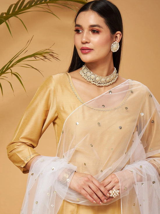 Women Gold Kurta Set With White Net Sequins Dupatta