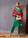 Women Green Kurta Set With Maroon Organza Dupatta