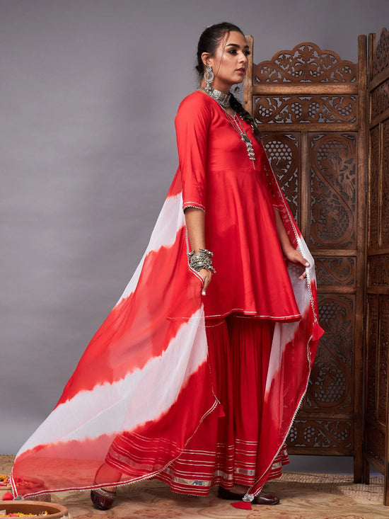 Women Red Short Kurta With Sharara & Lehariya Dupatta