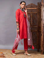 Women Red Kurta Set With Lilac Organza Dupatta