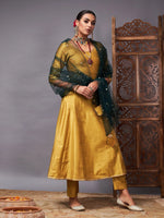 Women Mustard Kurta Set With Green Net Sequins Dupatta