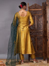 Women Mustard Kurta Set With Green Net Sequins Dupatta