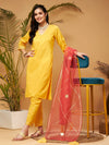 Women Yellow Kurta Set With Rust Organza Dupatta