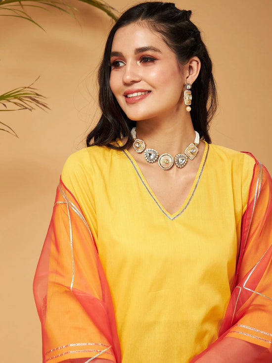 Women Yellow Kurta Set With Rust Organza Dupatta