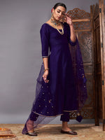 Women Purple Kurta Set With Net Sequins Dupatta