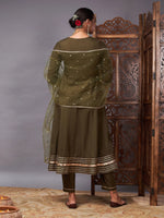 Women Olive Kurta Set With Net Sequins Dupatta