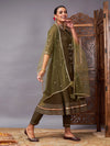 Women Olive Kurta Set With Net Sequins Dupatta