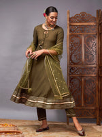 Women Olive Kurta Set With Net Sequins Dupatta