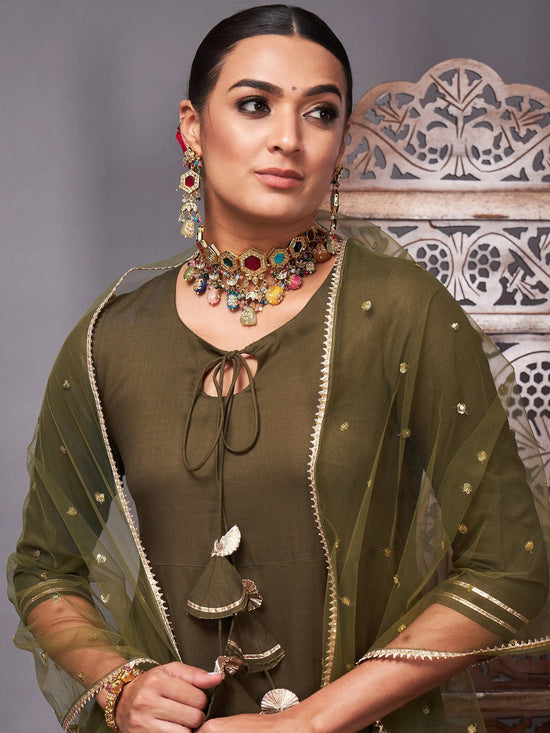 Women Olive Kurta Set With Net Sequins Dupatta